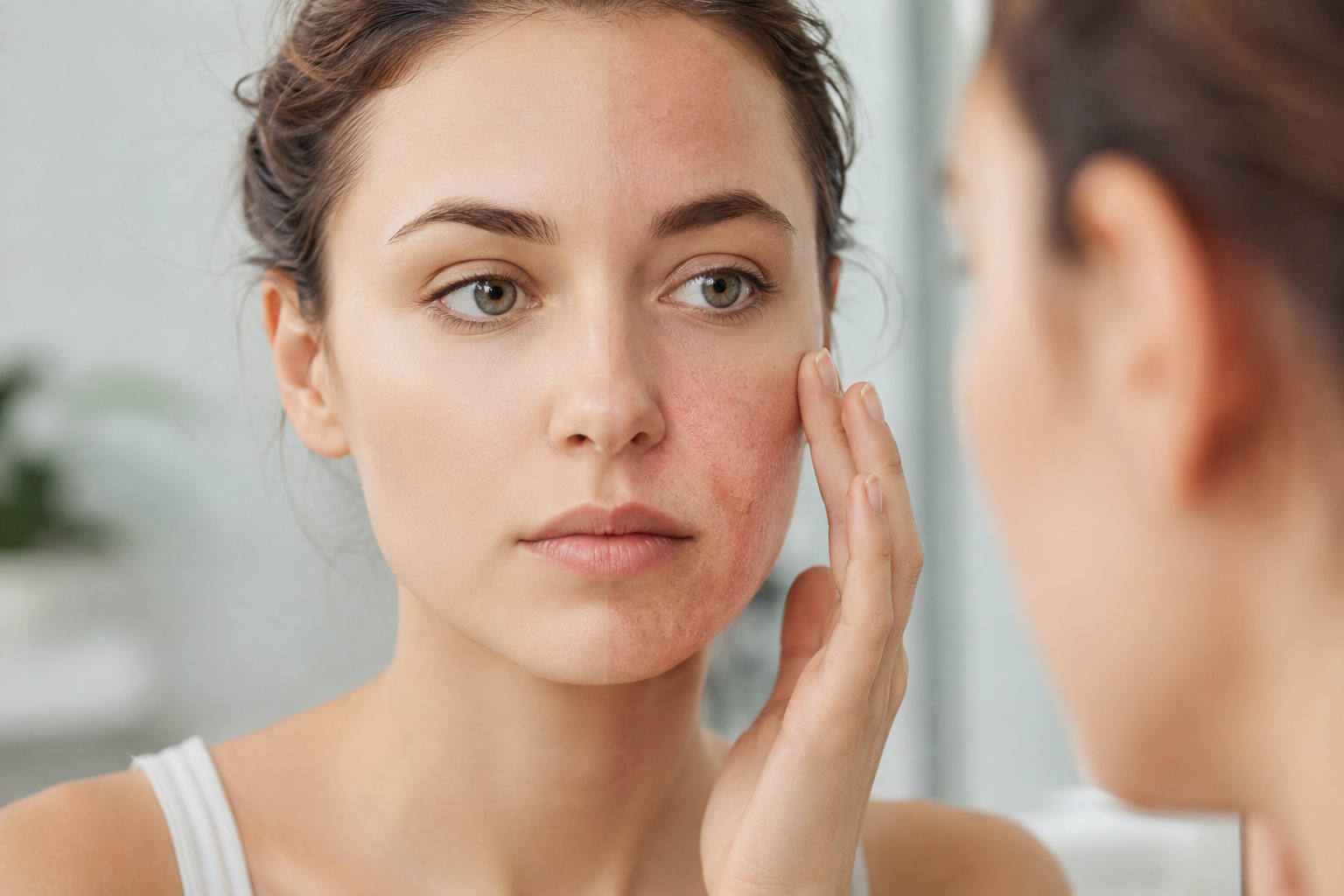 A close-up view showing the difference between healthy skin and a red, damaged skin barrier on a woman's face.